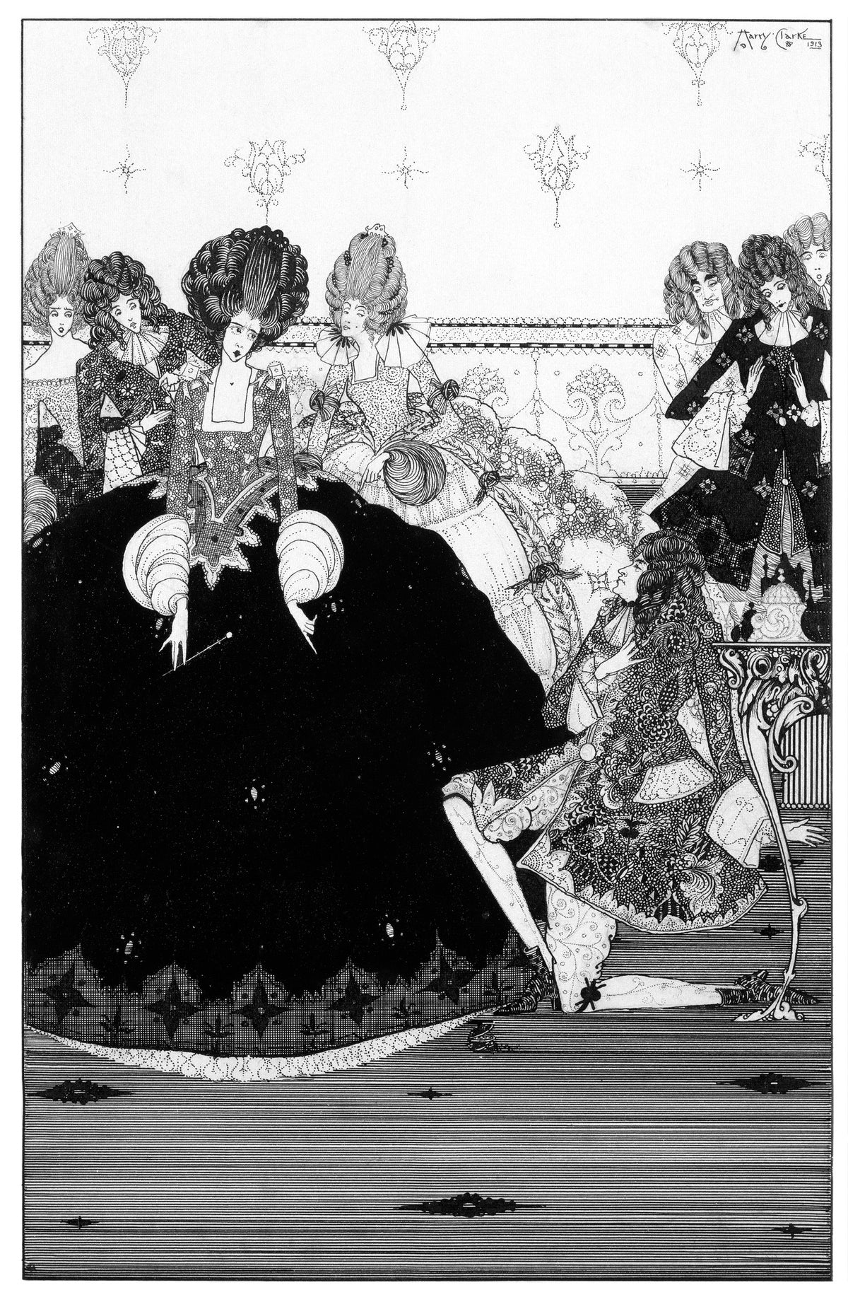 He Takes the Gift with Reverence and Extends by Harry Clarke — A kneeling man offers a gift to a woman in a vast black gown
