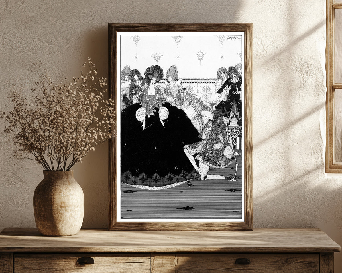 Framed art print of He Takes the Gift with Reverence and Extends by Harry Clarke, in a dark wood frame leaning on a rustic console beside dried flowers