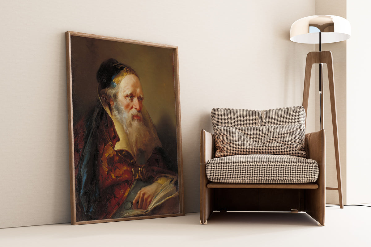 Head of a Philosopher by Giovanni Battista Tiepolo — framed and leaning against a wall beside an armchair and a floor lamp