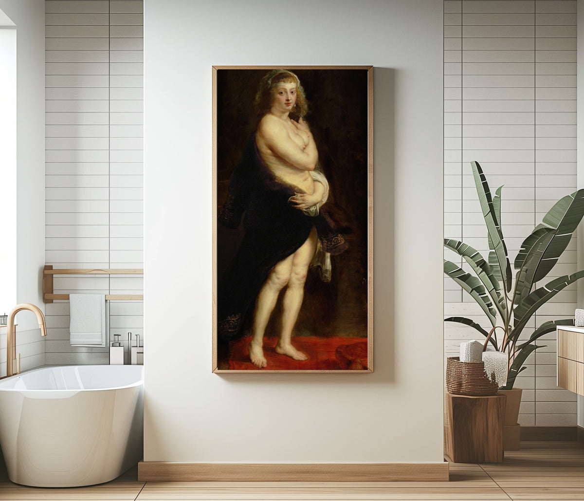 Framed art print of Helena Fourment in a Fur Robe by Peter Paul Rubens, in a bathroom beside a freestanding tub
