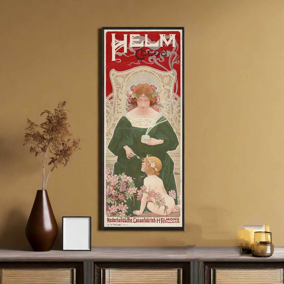Framed art print of Helm Cocoa by Henri Privat-Livemont, on an ochre wall above a console table