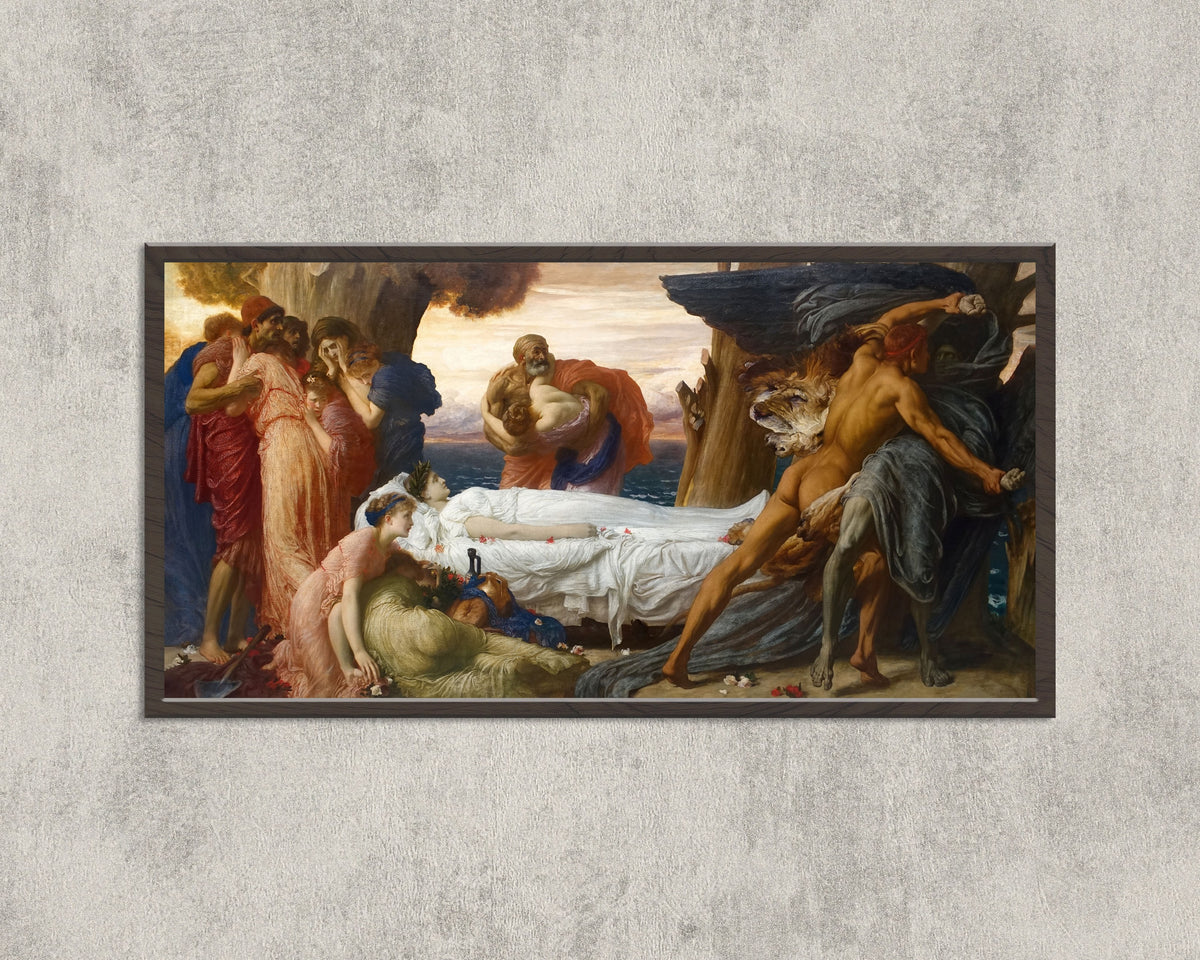 Framed art print of Hercules Wrestling with Death for the Body of Alcestis by Frederic Leighton, in a wide black frame on a concrete wall