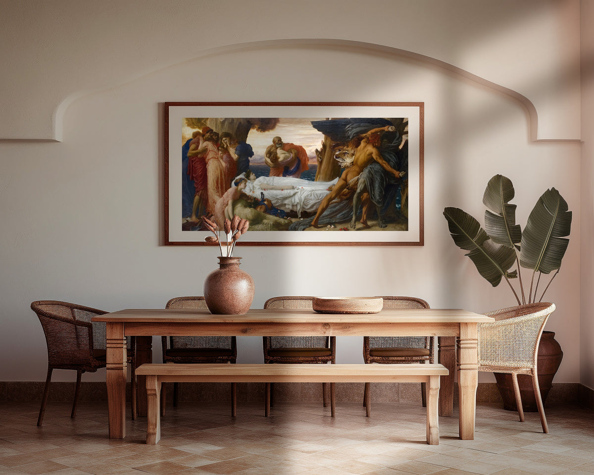 Framed art print of Hercules Wrestling with Death for the Body of Alcestis by Frederic Leighton, above a wooden dining table