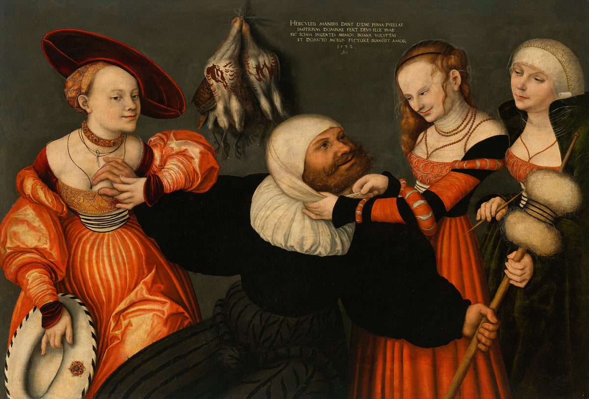 Hercules and Omphale by Lucas Cranach the Elder — Three women dress a grinning bearded man in a white headscarf