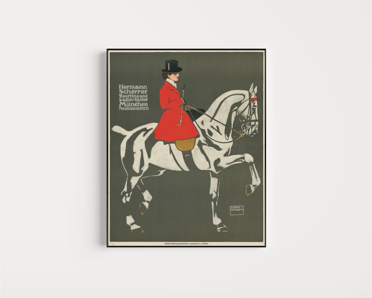 Framed art print of Hermann Scherrer: Sporting and Ladies-Tailor, München by Ludwig Hohlwein, in a slim black frame on a plain white wall