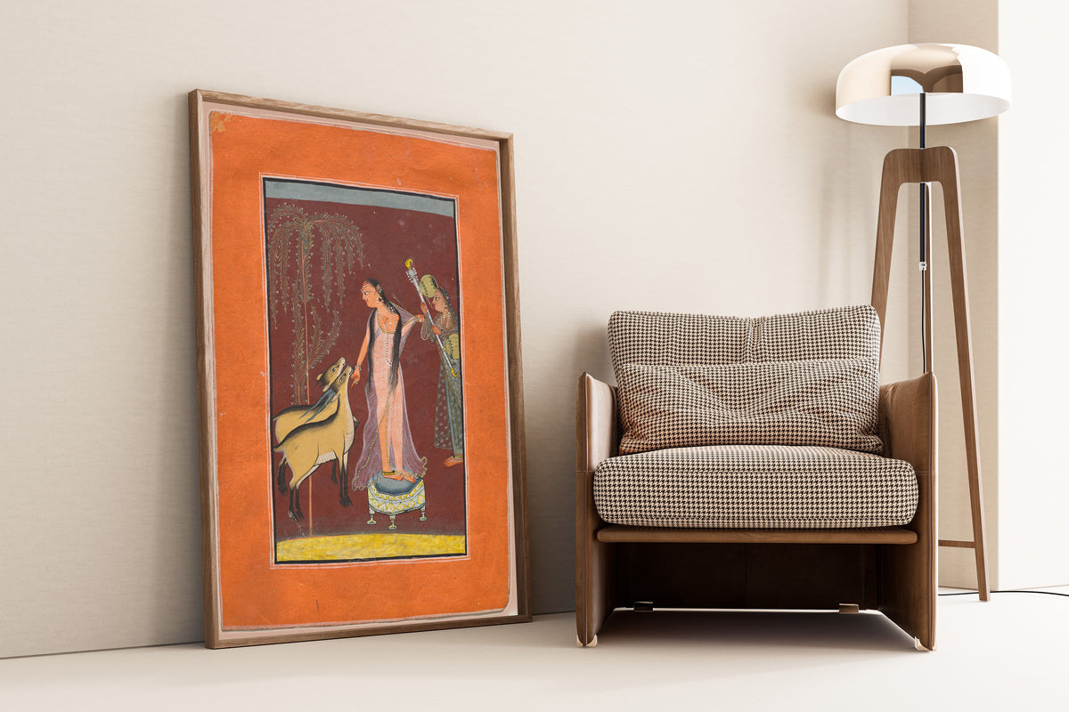 Pahari school — Heroine with Attendant and a Pair of Deer | Indian Miniature Painting Print
