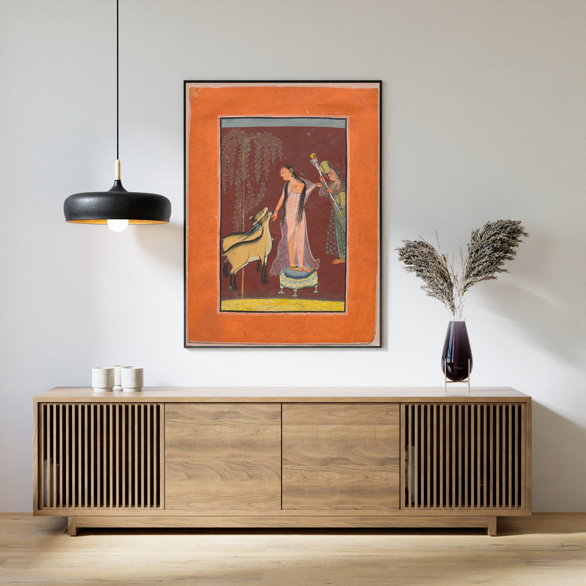 Pahari school — Heroine with Attendant and a Pair of Deer | Indian Miniature Painting Print