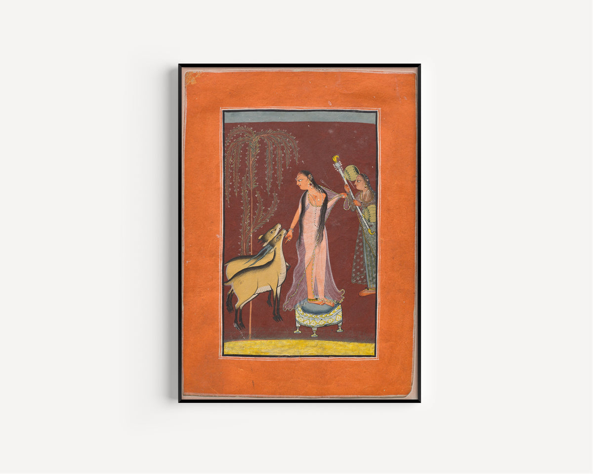 Pahari school — Heroine with Attendant and a Pair of Deer | Indian Miniature Painting Print