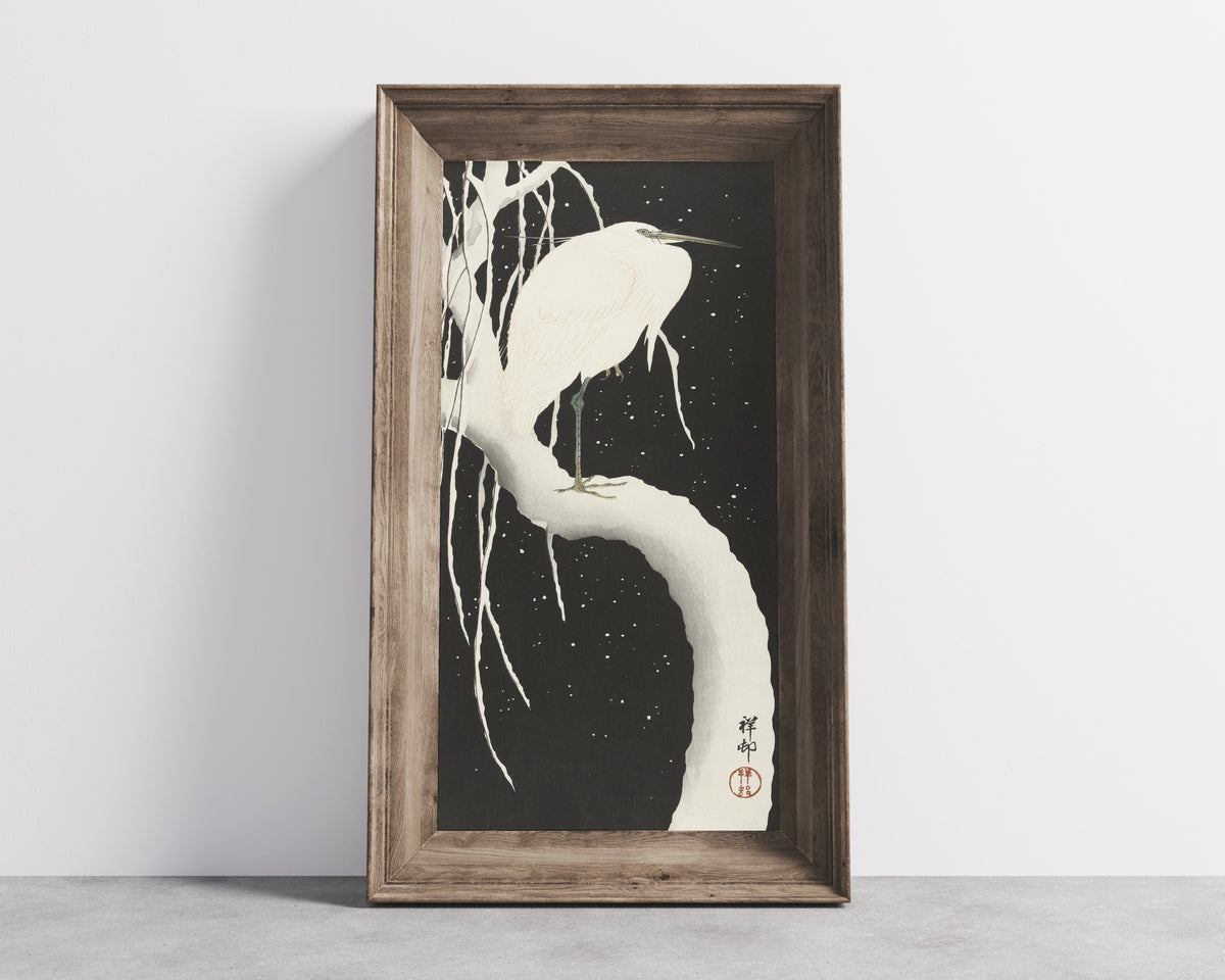 Ohara Koson — Heron in Snow (Willow at Night) | Japanese Bird & Flower Woodblock Print