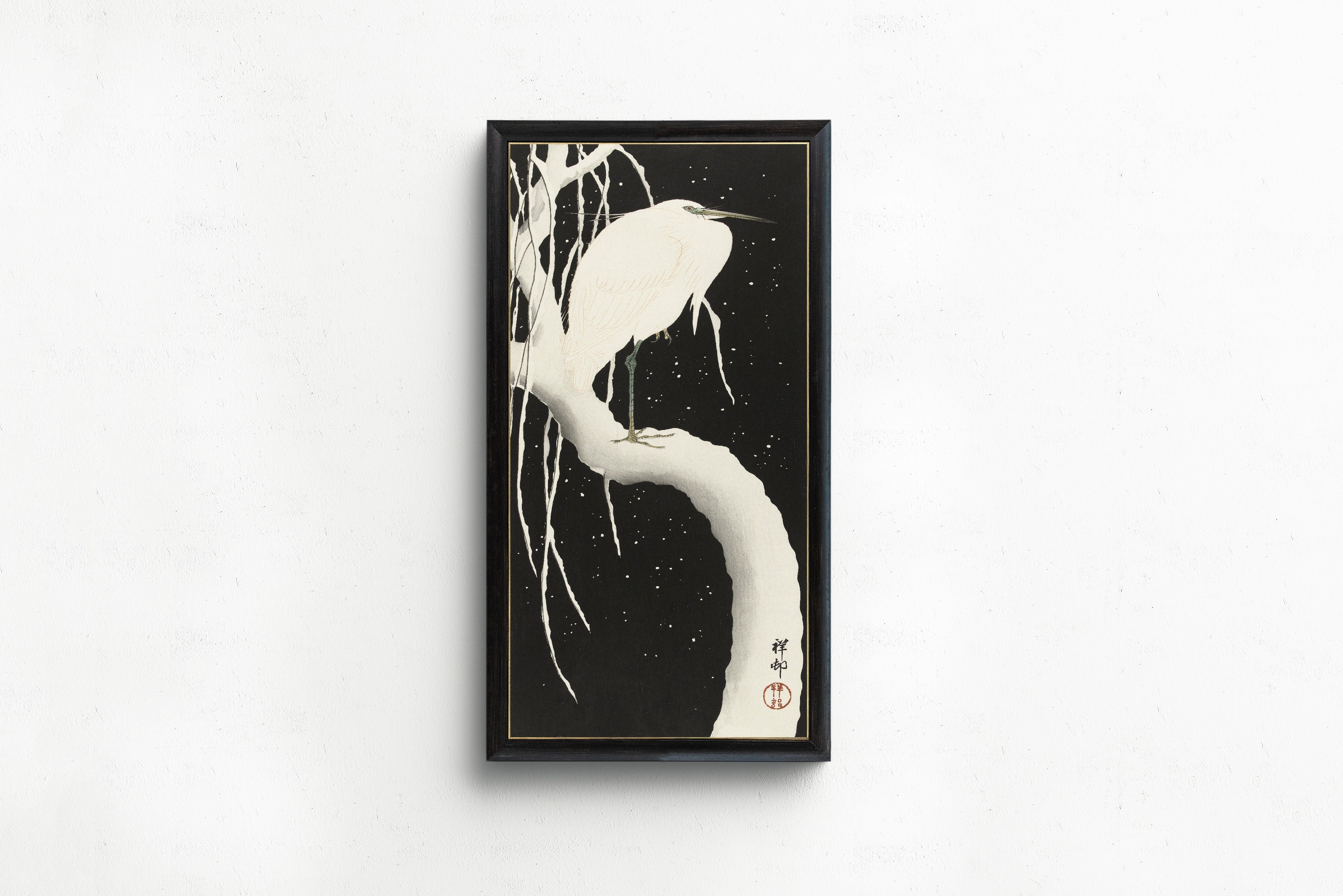 Ohara Koson — Heron in Snow (Willow at Night) | Japanese Bird & Flower Woodblock Print