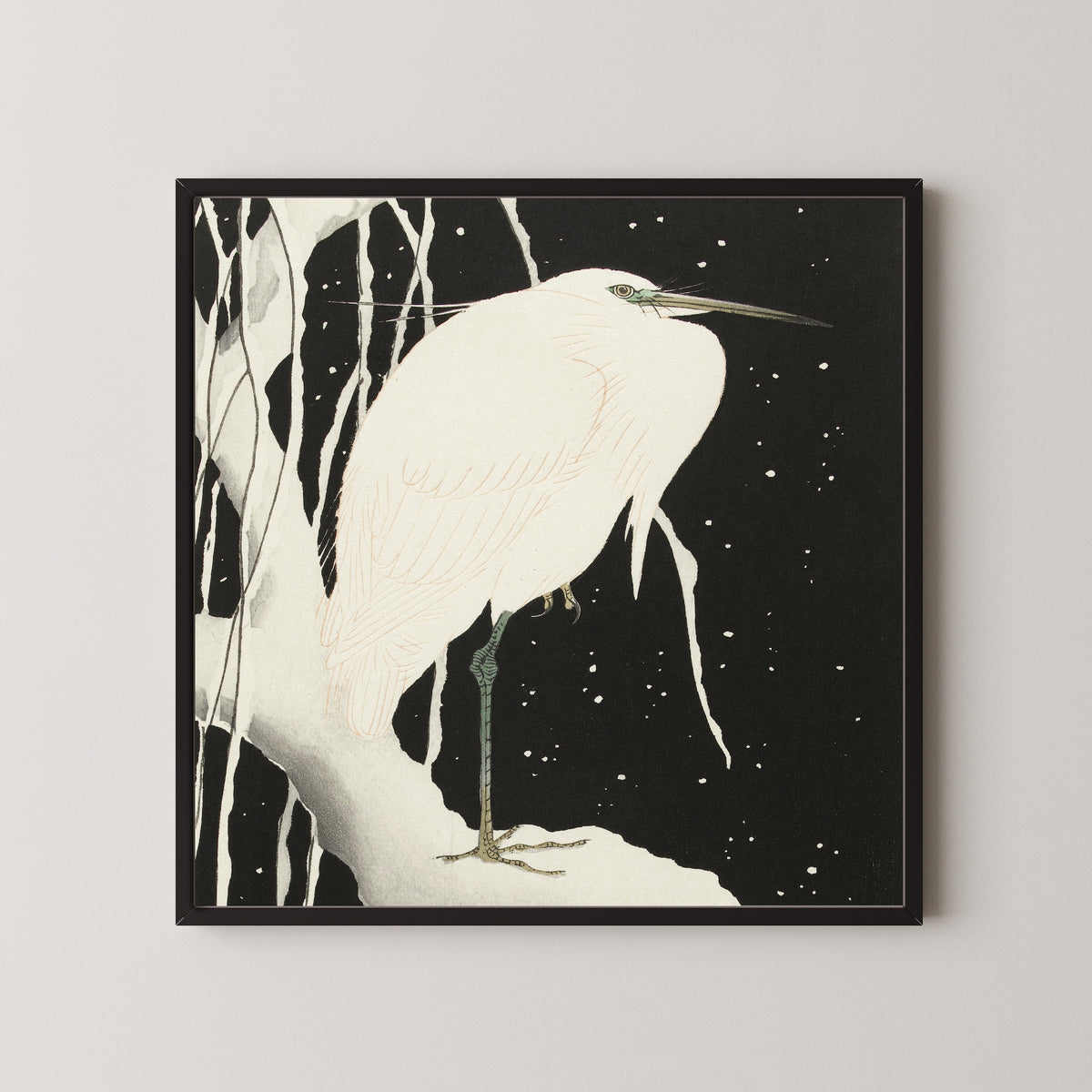 Ohara Koson — Heron in Snow (Black Ground) | Japanese Bird & Flower Woodblock Print