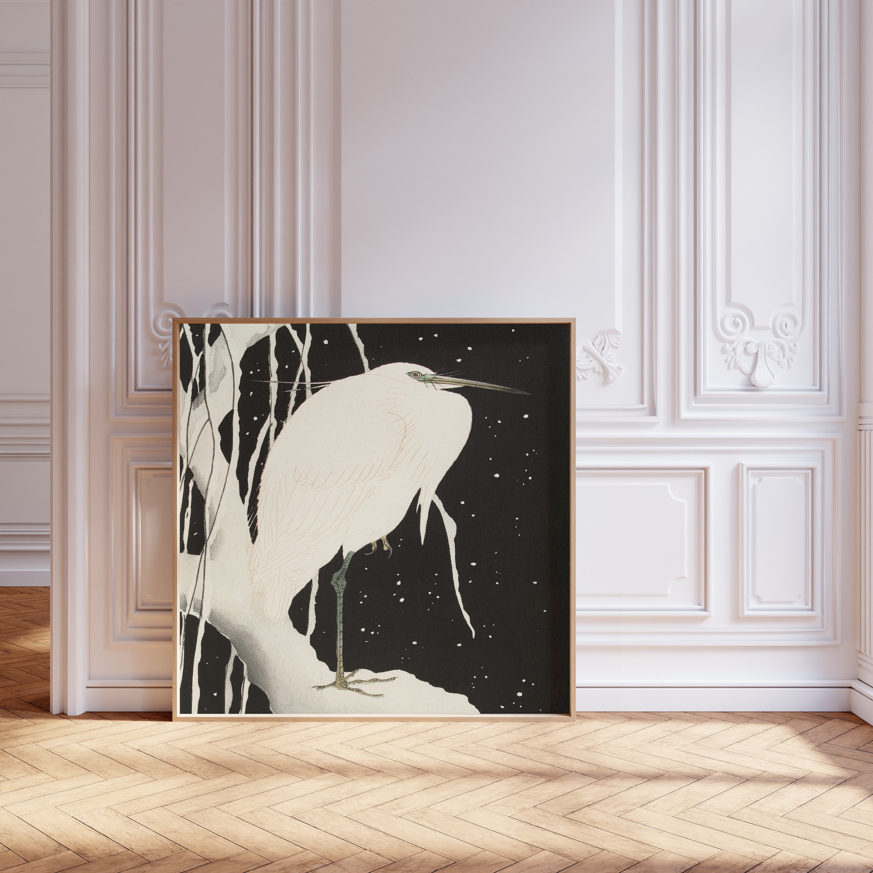 Ohara Koson — Heron in Snow (Black Ground) | Japanese Bird & Flower Woodblock Print