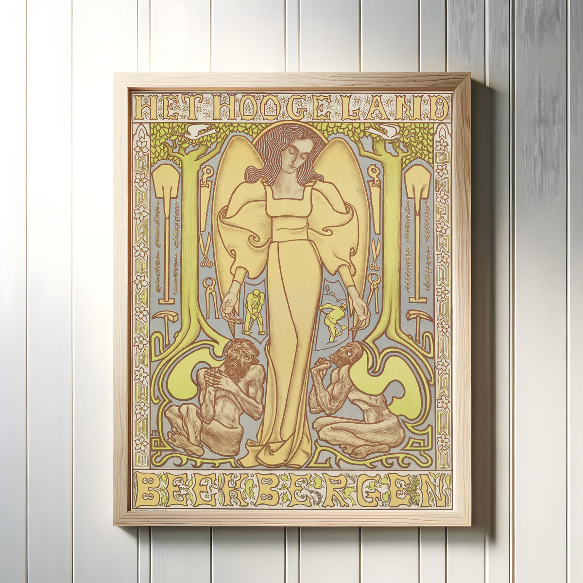 Framed art print of Het Hooge Land. Beekbergen by Jan Toorop, in a light wood frame on a white panelled wall