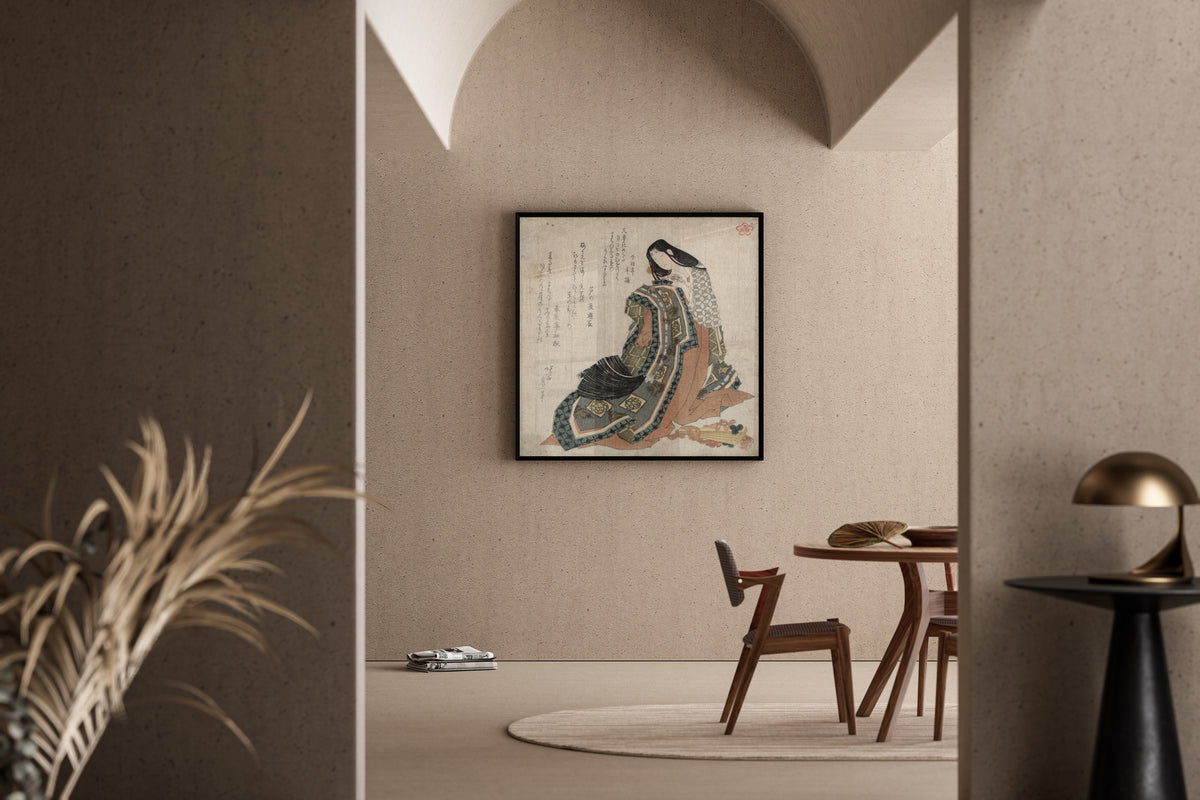 Framed art print of Hiōgi by Katsushika Hokusai, in a sunlit dining corner