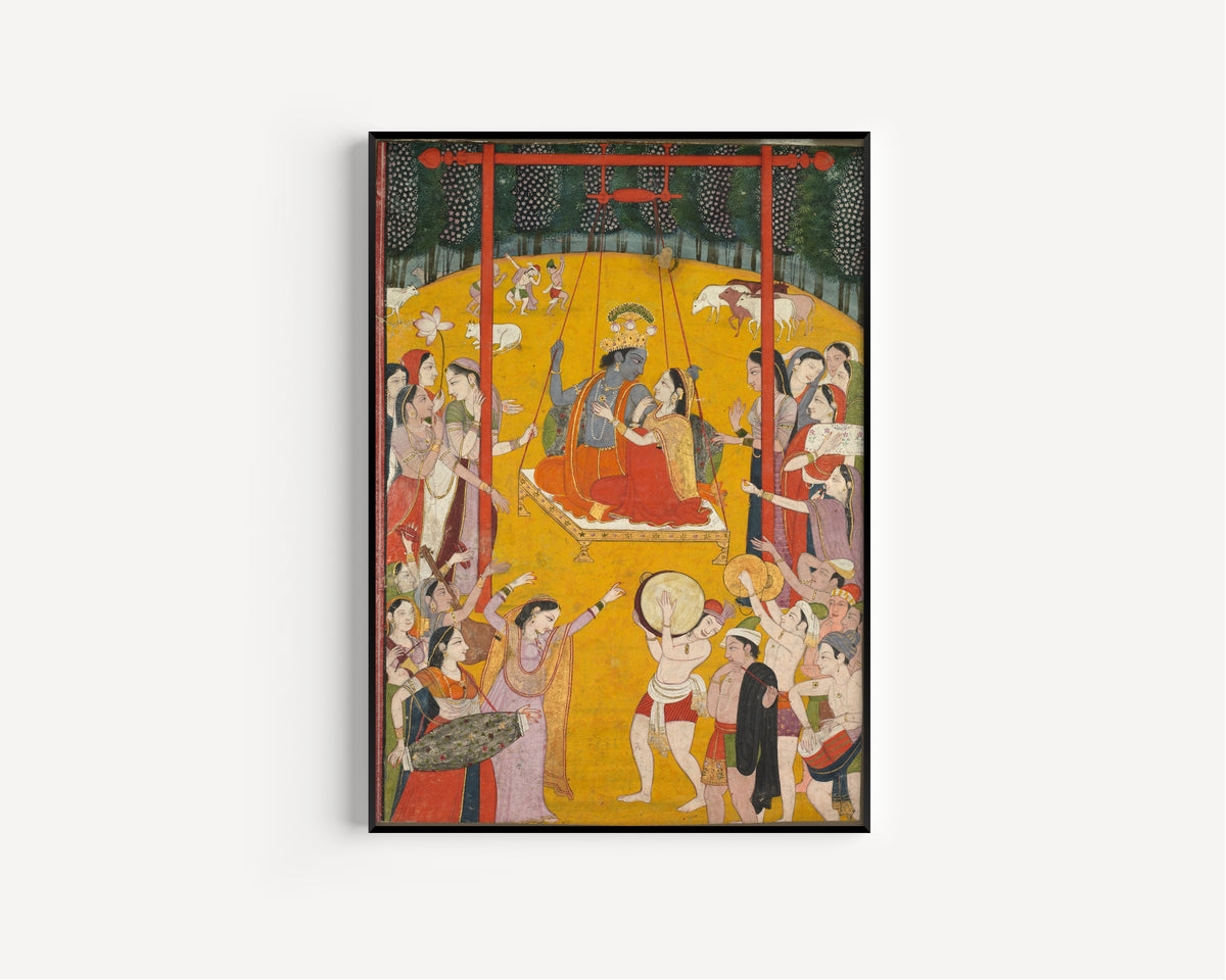 Framed art print of Hindola Raga by Pahari school, in a slim black frame on a plain white wall