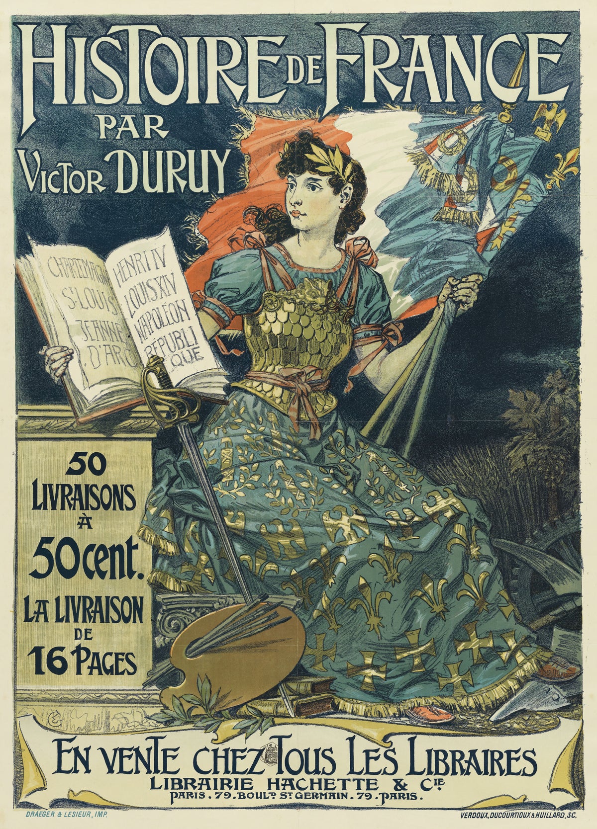 Histoire de France par Victor Duruy. 50 livraisons à 50 cents la livraison de 16 pages by Eugène Grasset — A laurelled young woman in a gold breastplate holds