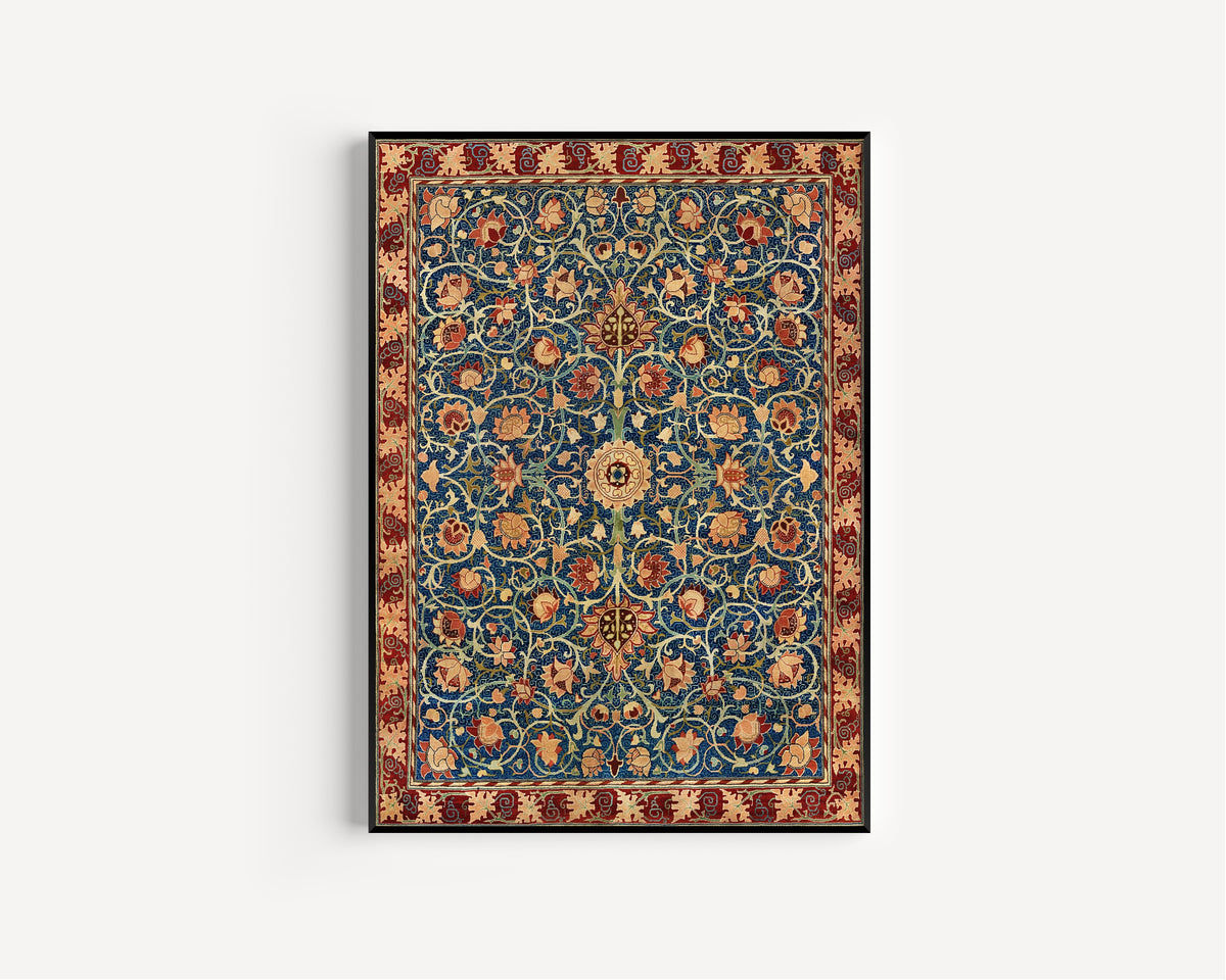 Framed art print of Holland Park Carpet by William Morris, in a slim black frame on a plain white wall