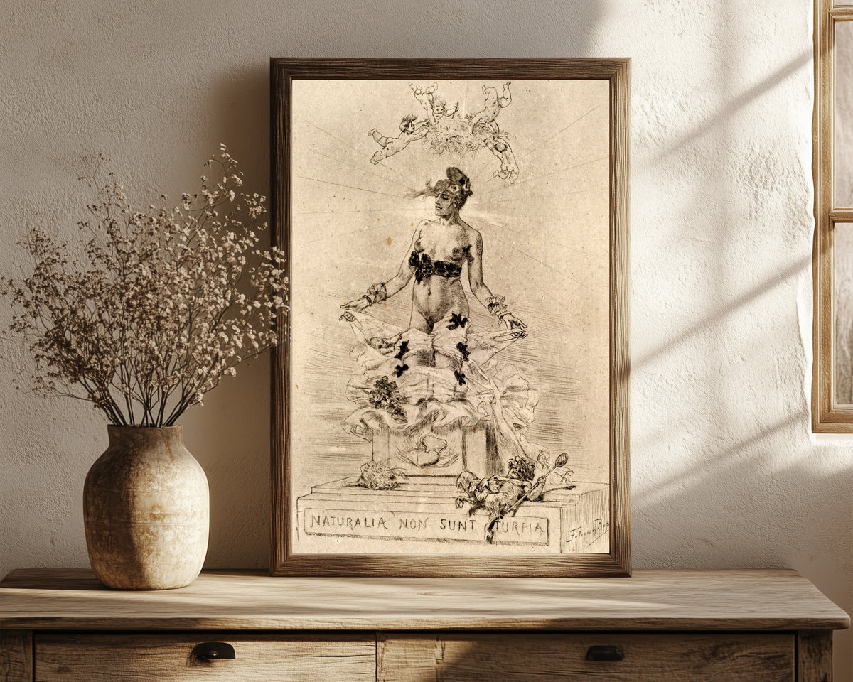 Framed art print of Holocauste, Naturalia Non Sunt Turpia by Félicien Rops, in a dark wood frame leaning on a rustic console beside dried flowers