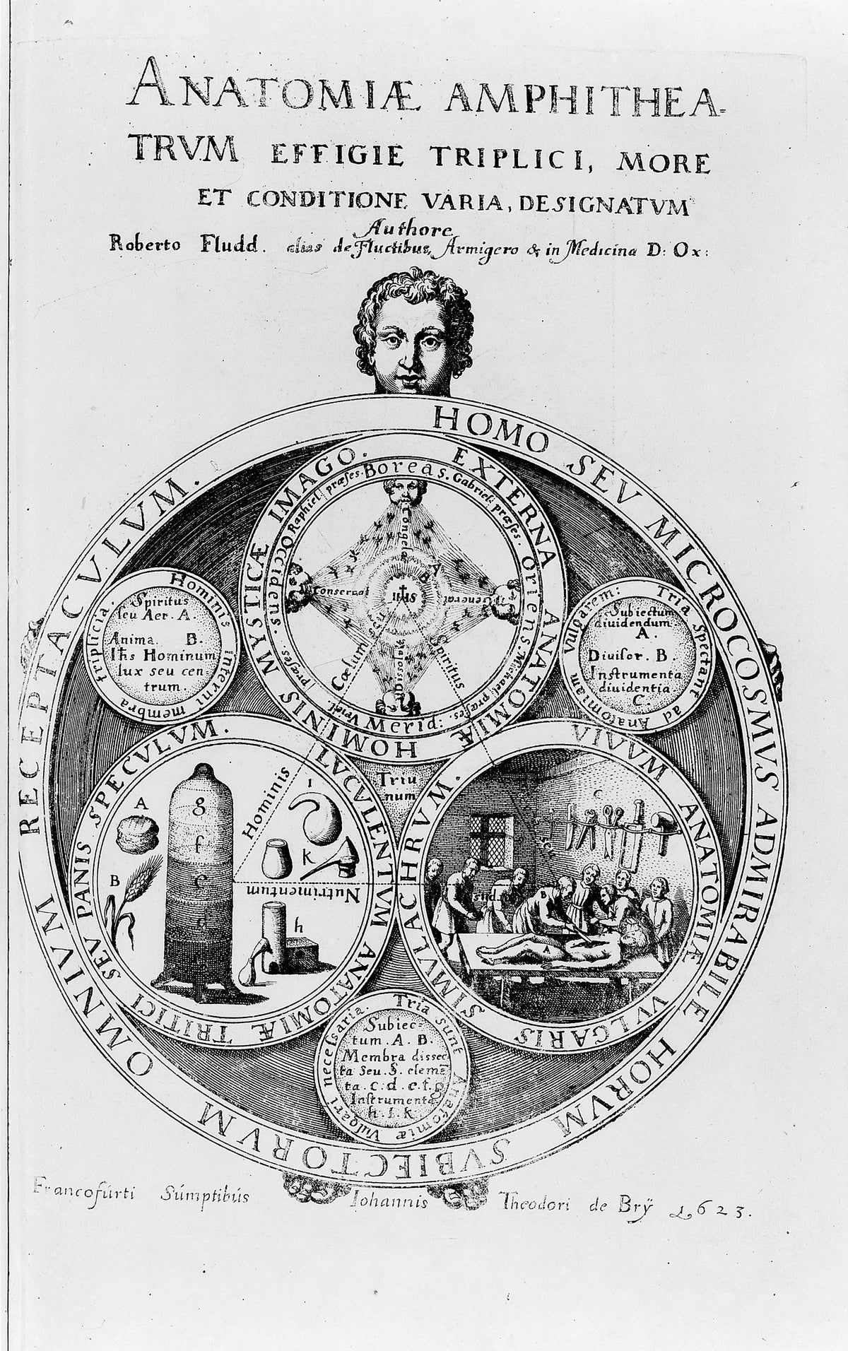 Homo seu Microcosmus: Title Plate of Anatomiae Amphitheatrum by Robert Fludd — A youth's head over a great wheel of anatomy, winds and dissection