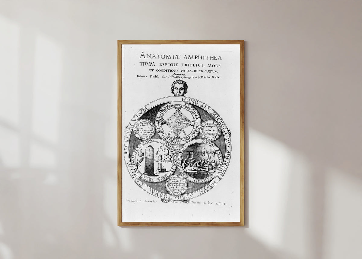 Framed art print of Homo seu Microcosmus: Title Plate of Anatomiae Amphitheatrum by Robert Fludd, in a light wood frame on a sunlit white wall