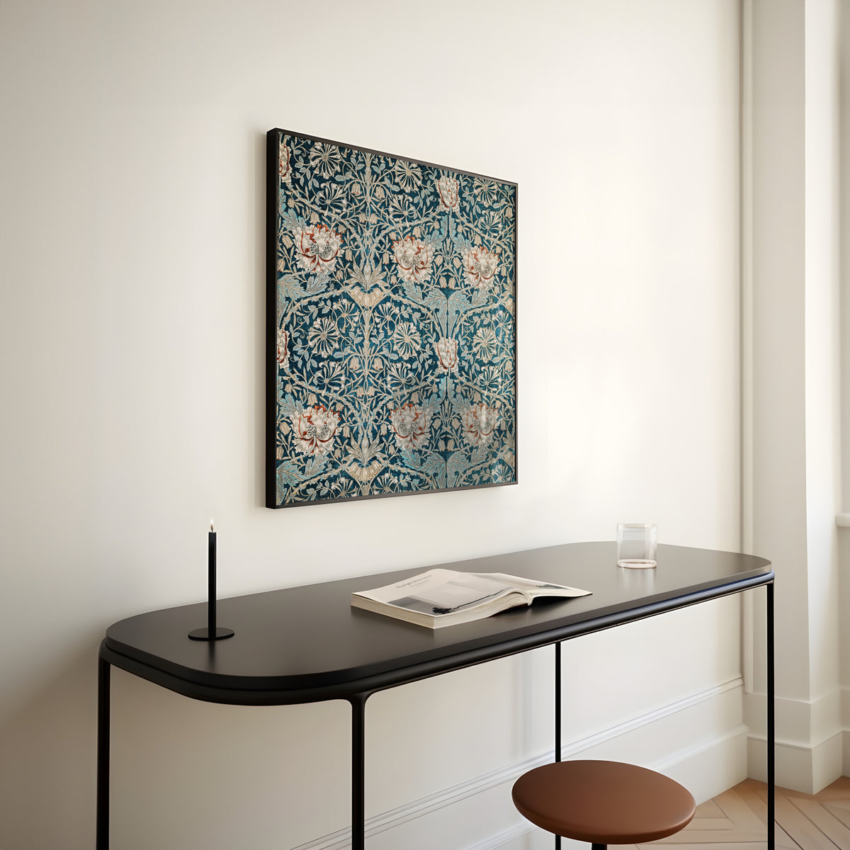 Framed art print of Honeysuckle (Blue Linen) by William Morris, above a slim black console table