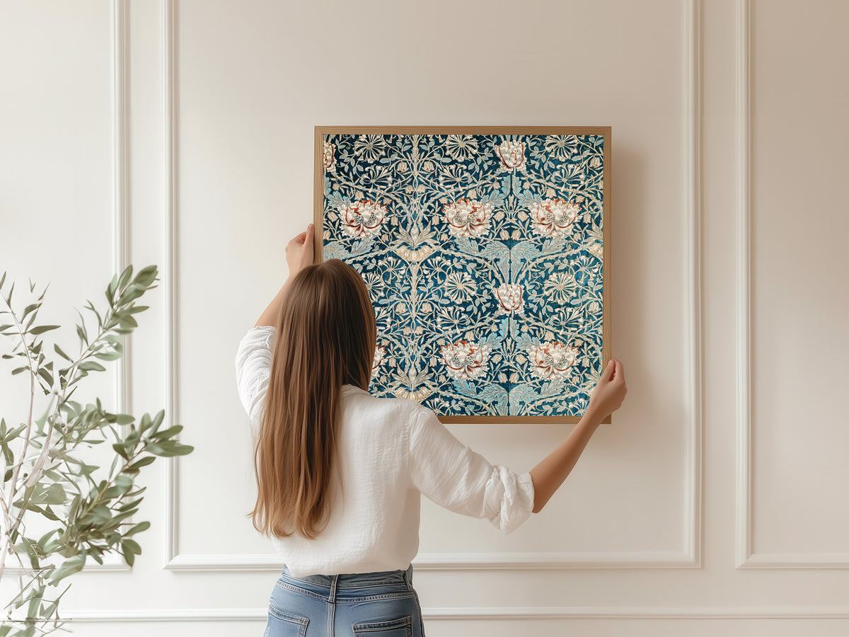 Framed art print of Honeysuckle (Blue Linen) by William Morris, hung on a panelled wall