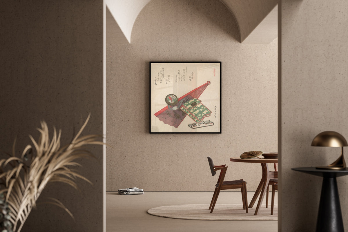 Framed art print of Horses: Horse Pattern by Katsushika Hokusai, in a sunlit dining corner