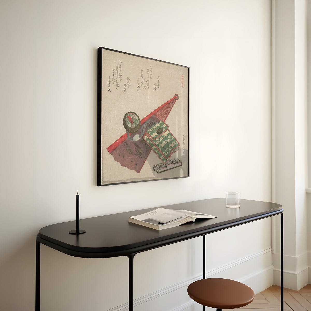 Framed art print of Horses: Horse Pattern by Katsushika Hokusai, above a slim black console table