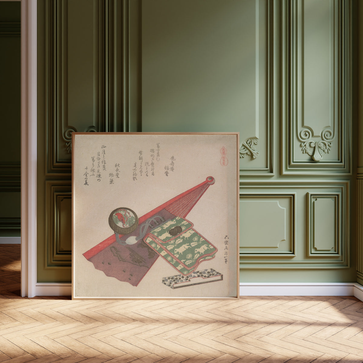 Framed art print of Horses: Horse Pattern by Katsushika Hokusai, leaning against olive-green panelling on a herringbone floor