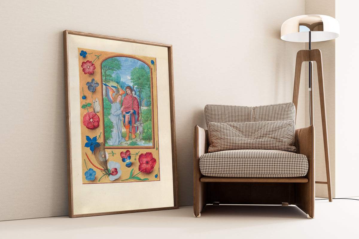 Framed art print of Hours of Queen Isabella the… by Master of the First Prayerbook of Maximilian, leaning against a wall beside an armchair and a floor lamp