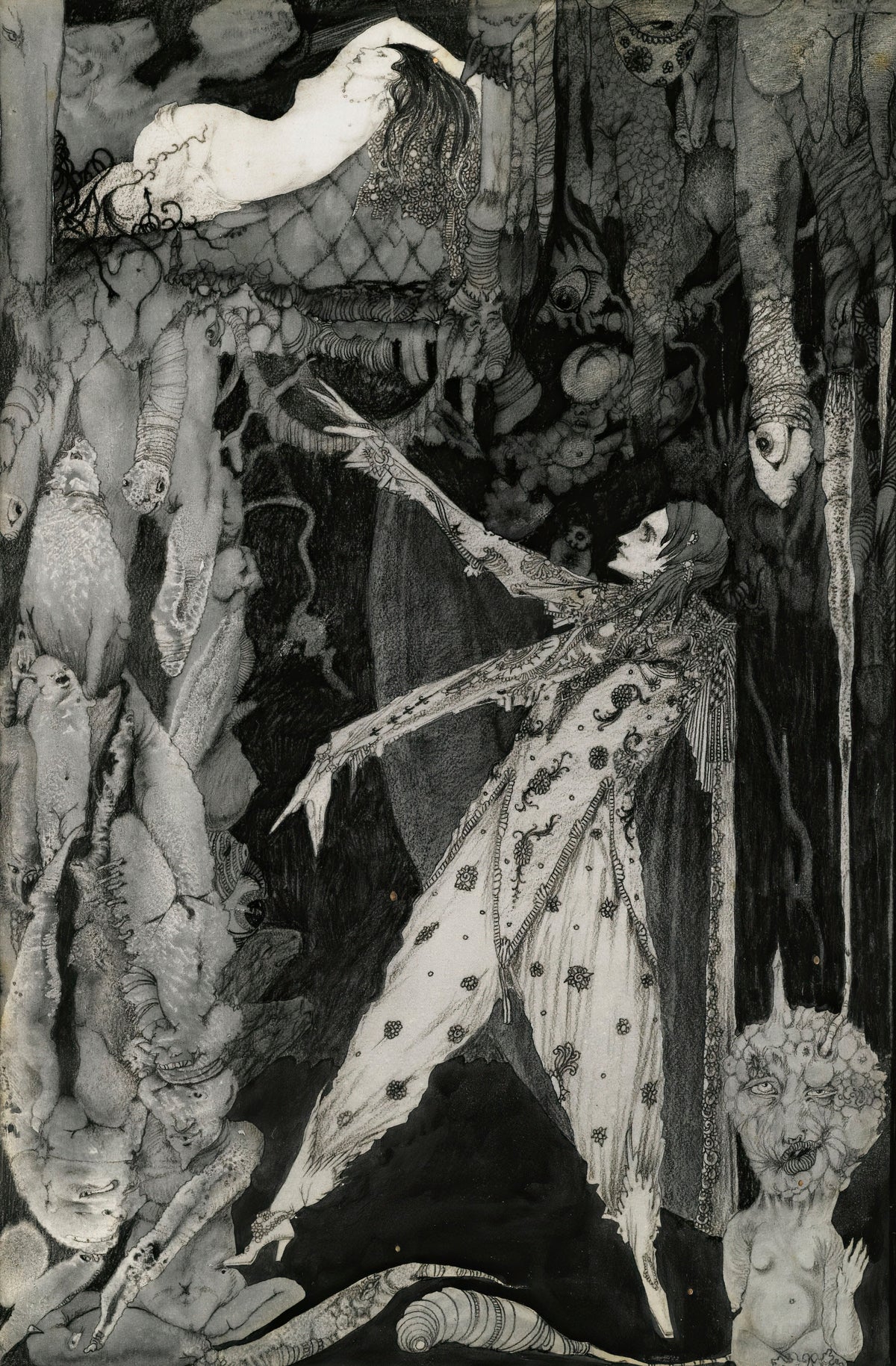 How Heavenly Fair by Harry Clarke — A pale figure reaches toward a sleeper amid grotesque forms