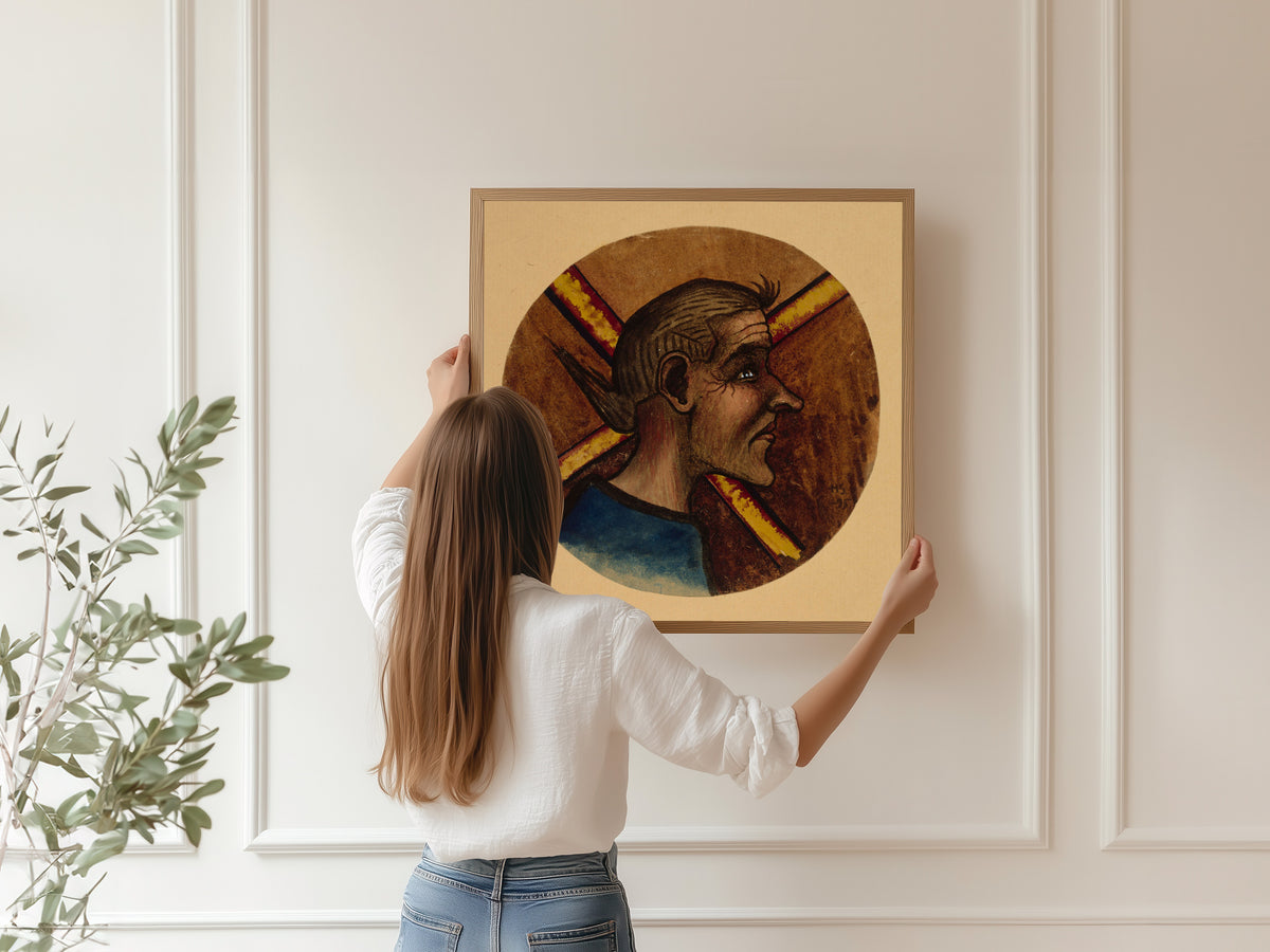 Framed art print of Hulluus by Hugo Simberg, hung on a panelled wall