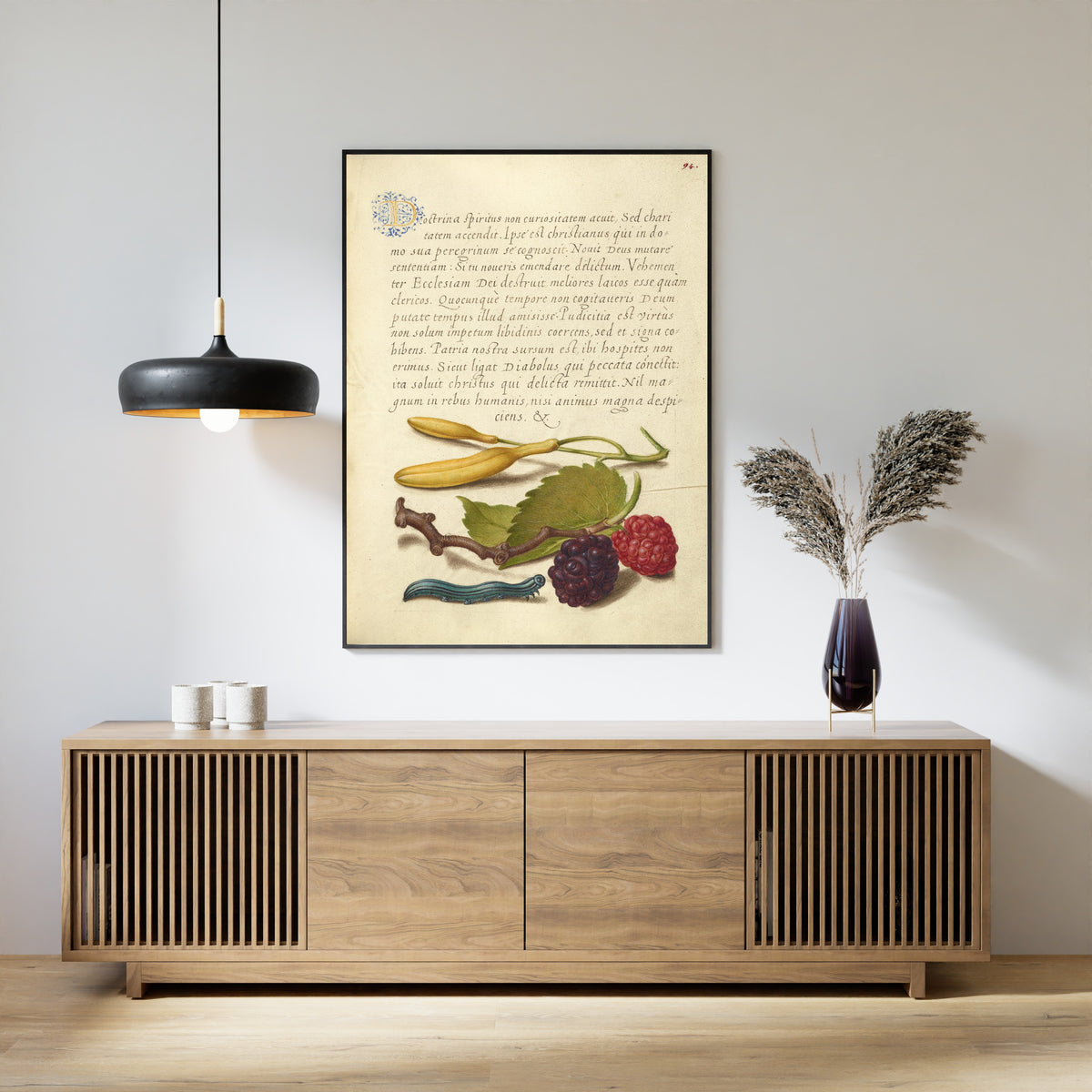 Joris Hoefnagel — Hyacinth, Black Mulberry, and Caterpillar | Botanical Calligraphy Print
