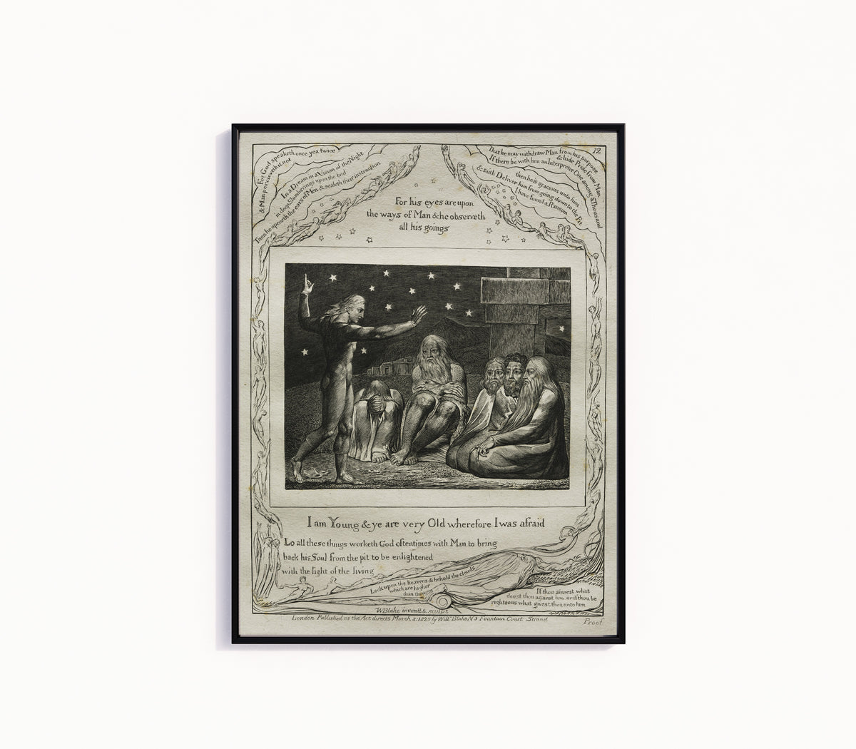 Framed art print of I Am Young and Ye Are Very Old (Book of Job, Plate 12) by William Blake, in a slim black frame on a plain white wall