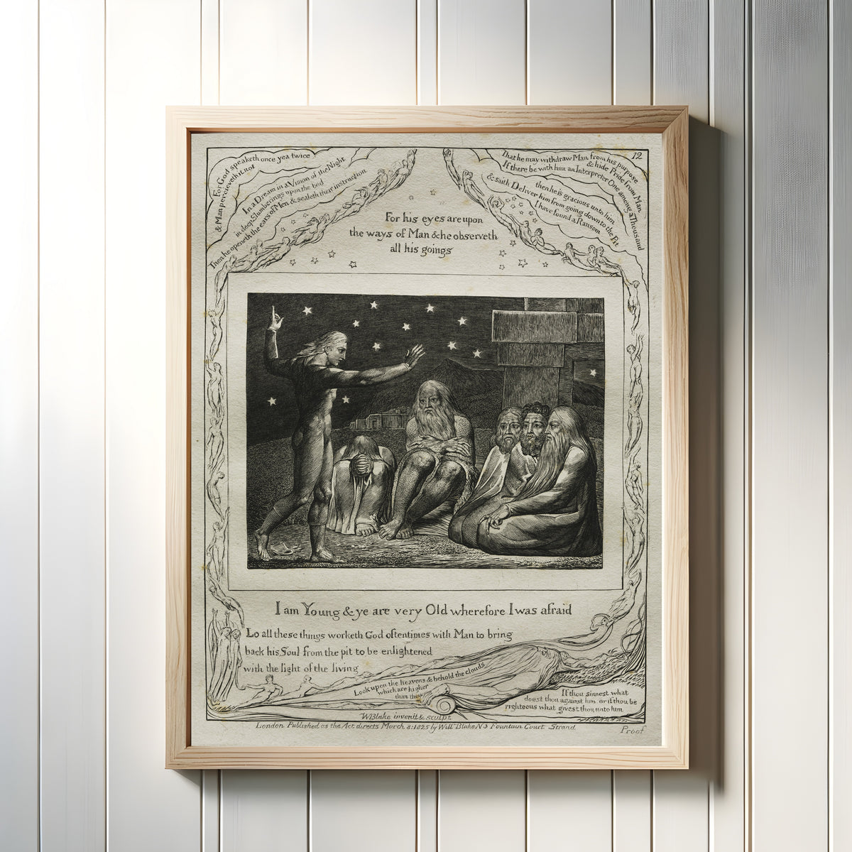Framed art print of I Am Young and Ye Are Very Old (Book of Job, Plate 12) by William Blake, in a light wood frame on a white panelled wall
