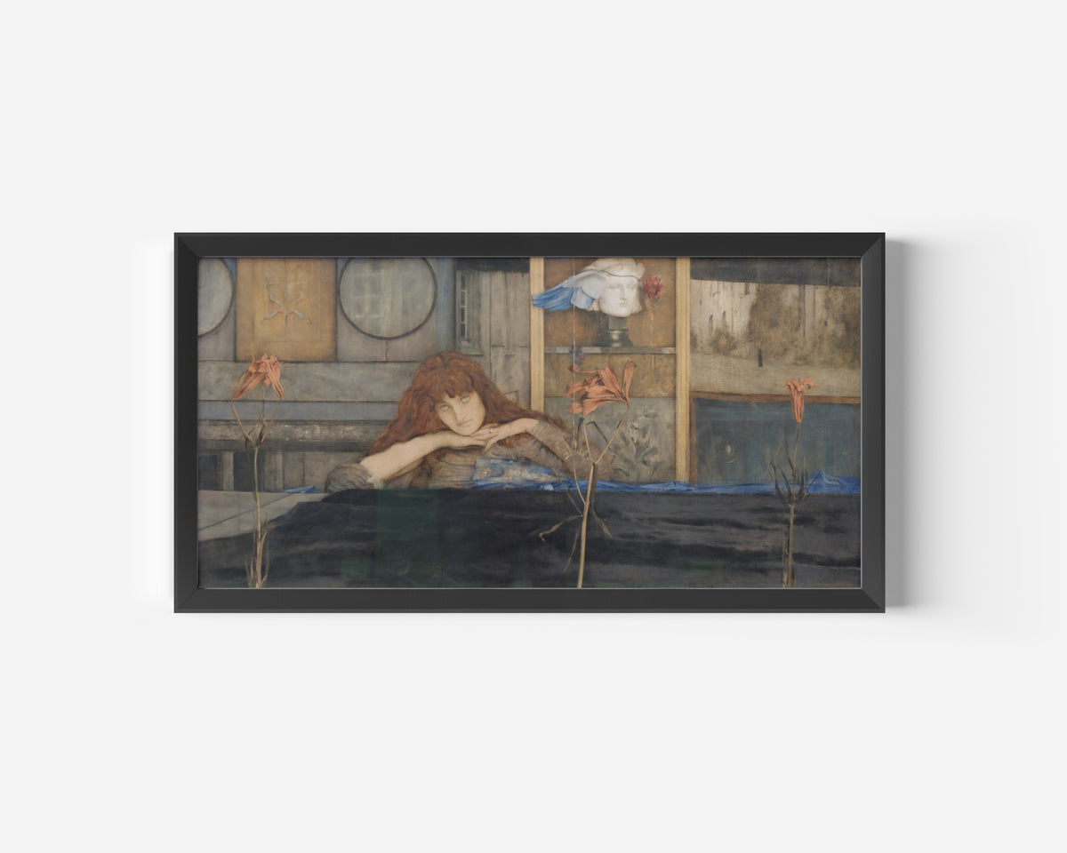Framed art print of I Lock My Door upon Myself by Fernand Khnopff, in a wide black frame on a plain white wall