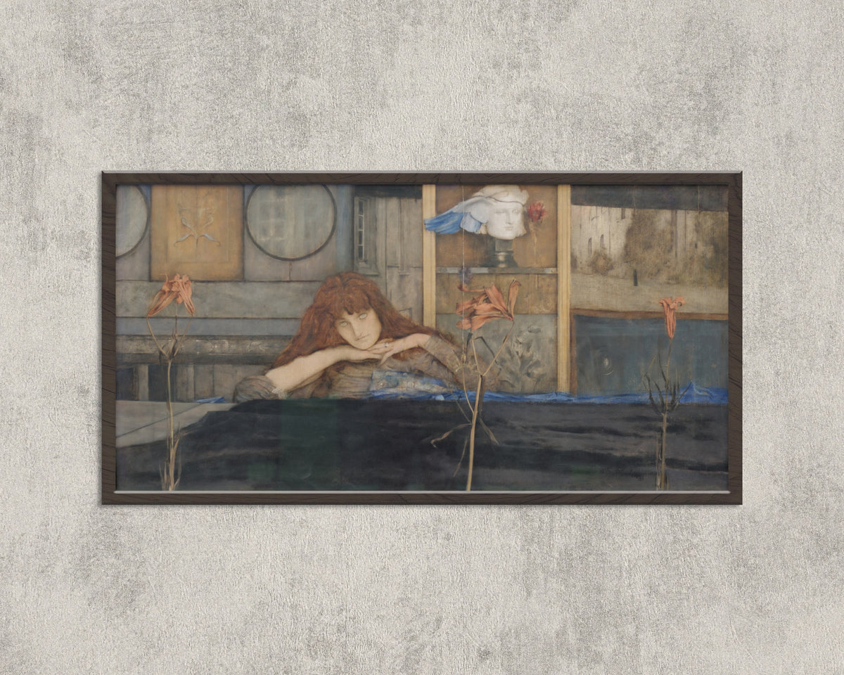 Framed art print of I Lock My Door upon Myself by Fernand Khnopff, in a wide black frame on a concrete wall