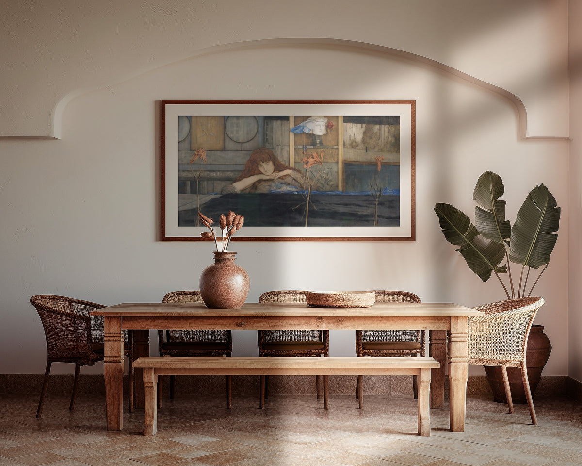 Framed art print of I Lock My Door upon Myself by Fernand Khnopff, above a wooden dining table