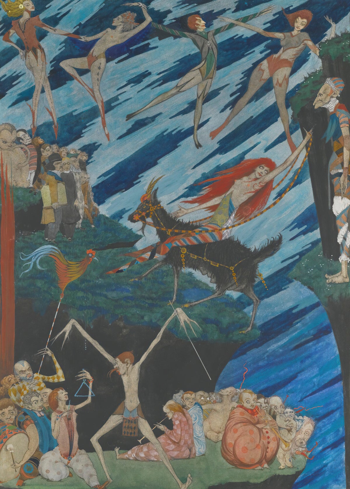 I’ll Fly From This Place, With One Bound, To Hell, Or Anywhere, To Leave ’em by Harry Clarke — Harlequin dancers leap above a goat rider and a grotesque crowd