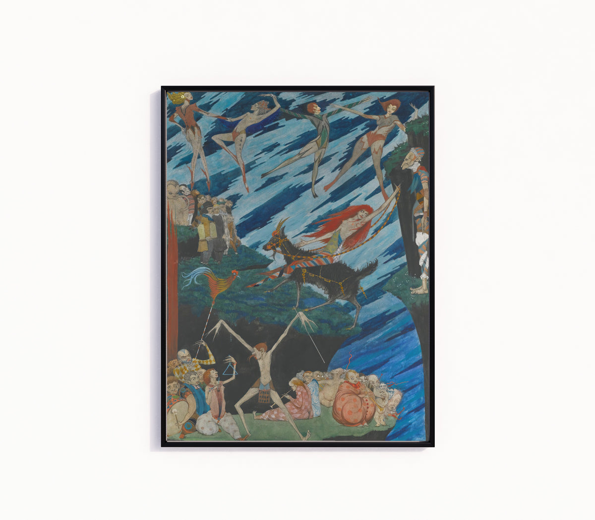 Framed art print of I’ll Fly From This Place, With One Bound, To Hell, Or Anywhere, To Leave ’em by Harry Clarke, in a slim black frame on a plain white wall