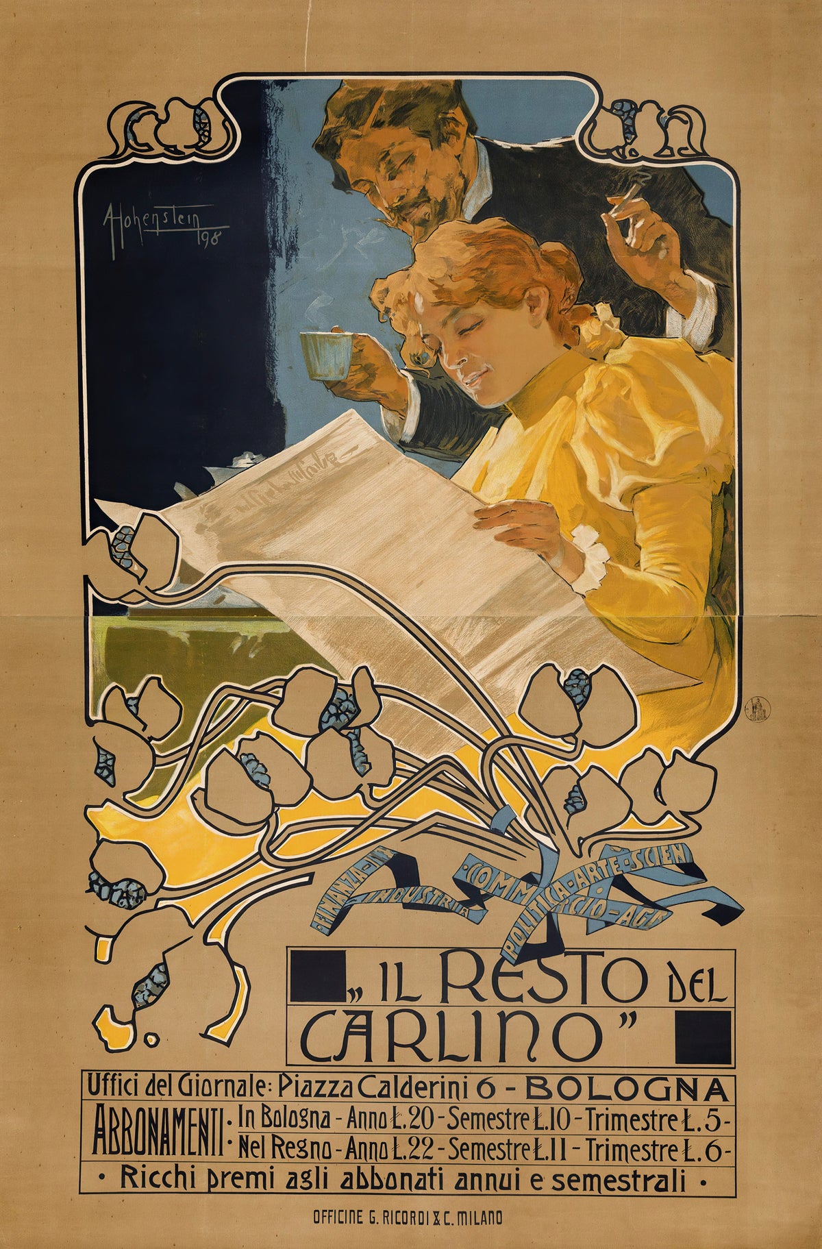 Il Resto del Carlino, Bologna by Adolfo Hohenstein — A woman in yellow reads the paper as a man leans over her