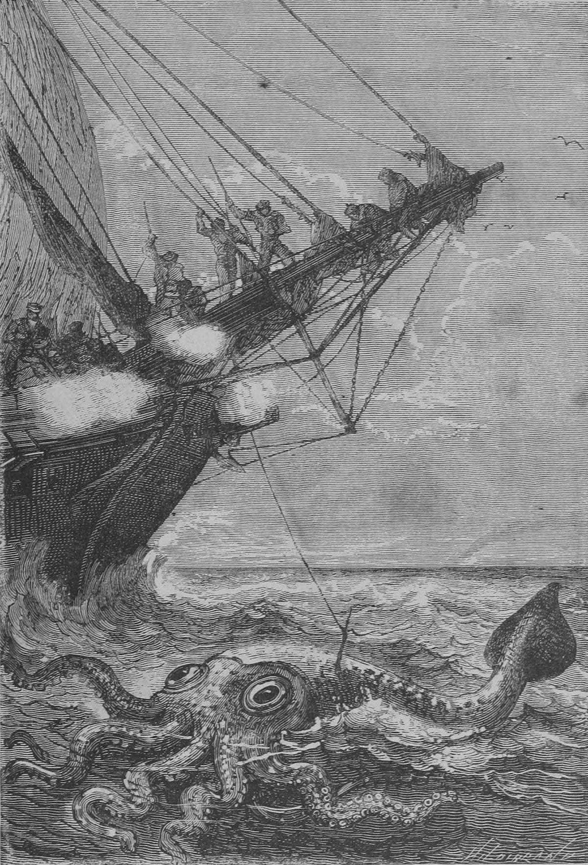 Il l'attaqua à coups de harpon (He attacked it with harpoon blows) by Alphonse de Neuville — Sailors fire and hurl harpoons at a giant squid from a ship's bow