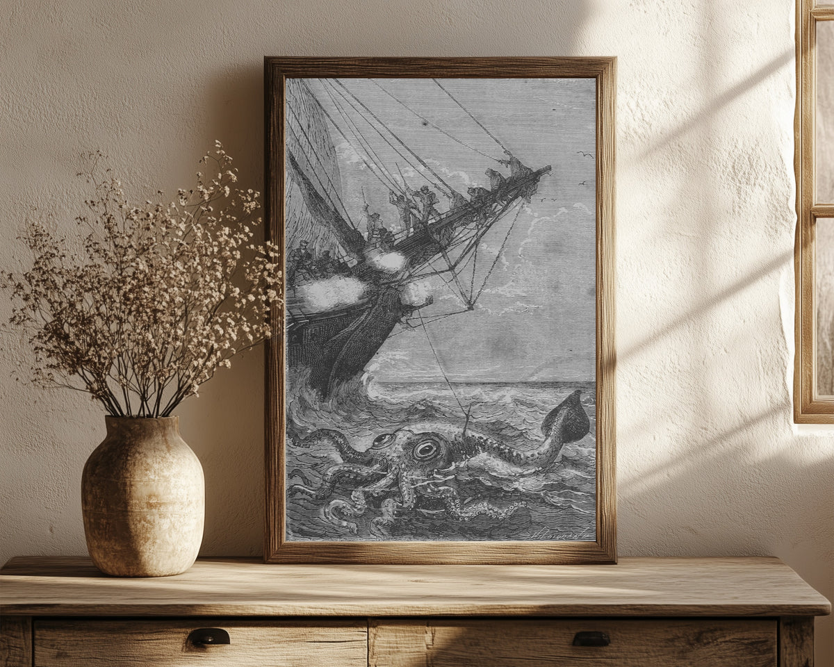 Framed art print of Il l'attaqua à coups de harpon (He attacked… by Alphonse de Neuville, in a dark wood frame leaning on a rustic console beside dried flowers