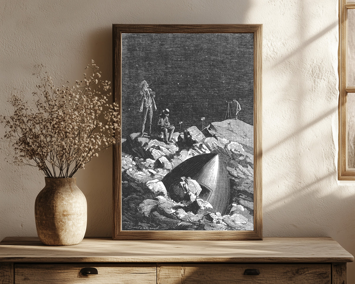 Framed art print of Il me semble que je les vois (I seem to see them) by Émile Bayard, in a dark wood frame leaning on a rustic console beside dried flowers