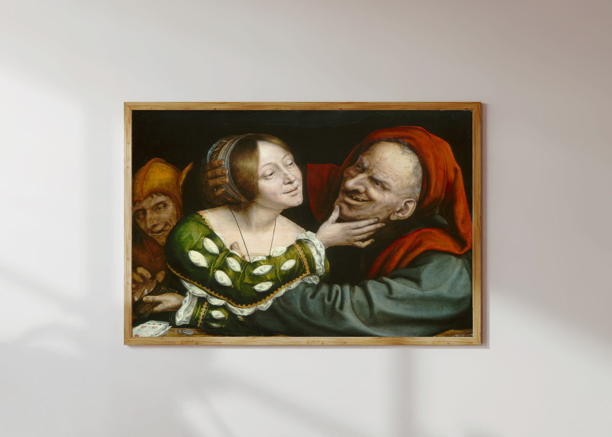 Framed art print of Ill-Matched Lovers by Quinten Massys, in a light wood frame on a sunlit white wall
