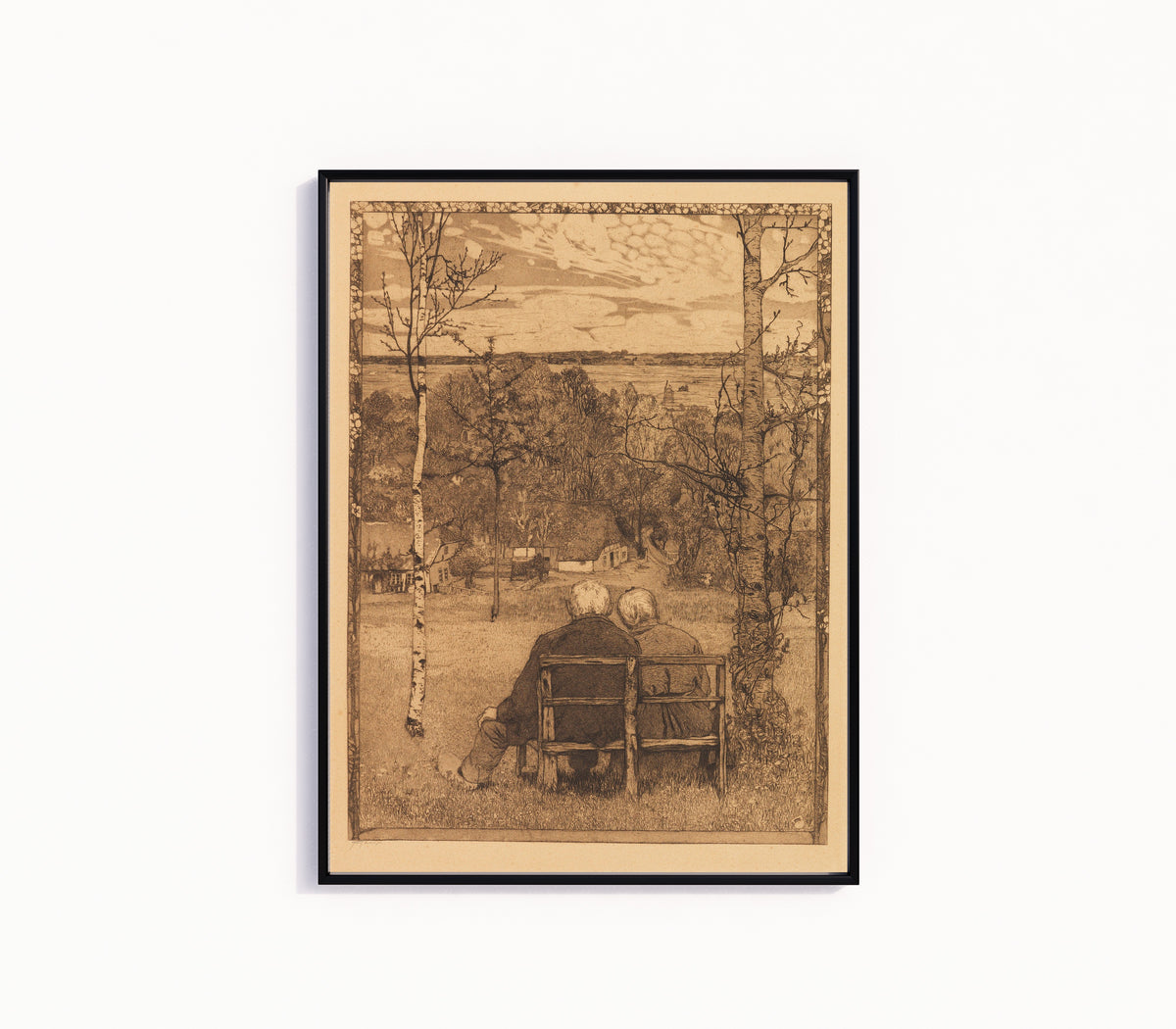 Framed art print of Im Mai by Heinrich Vogeler, in a slim black frame on a plain white wall