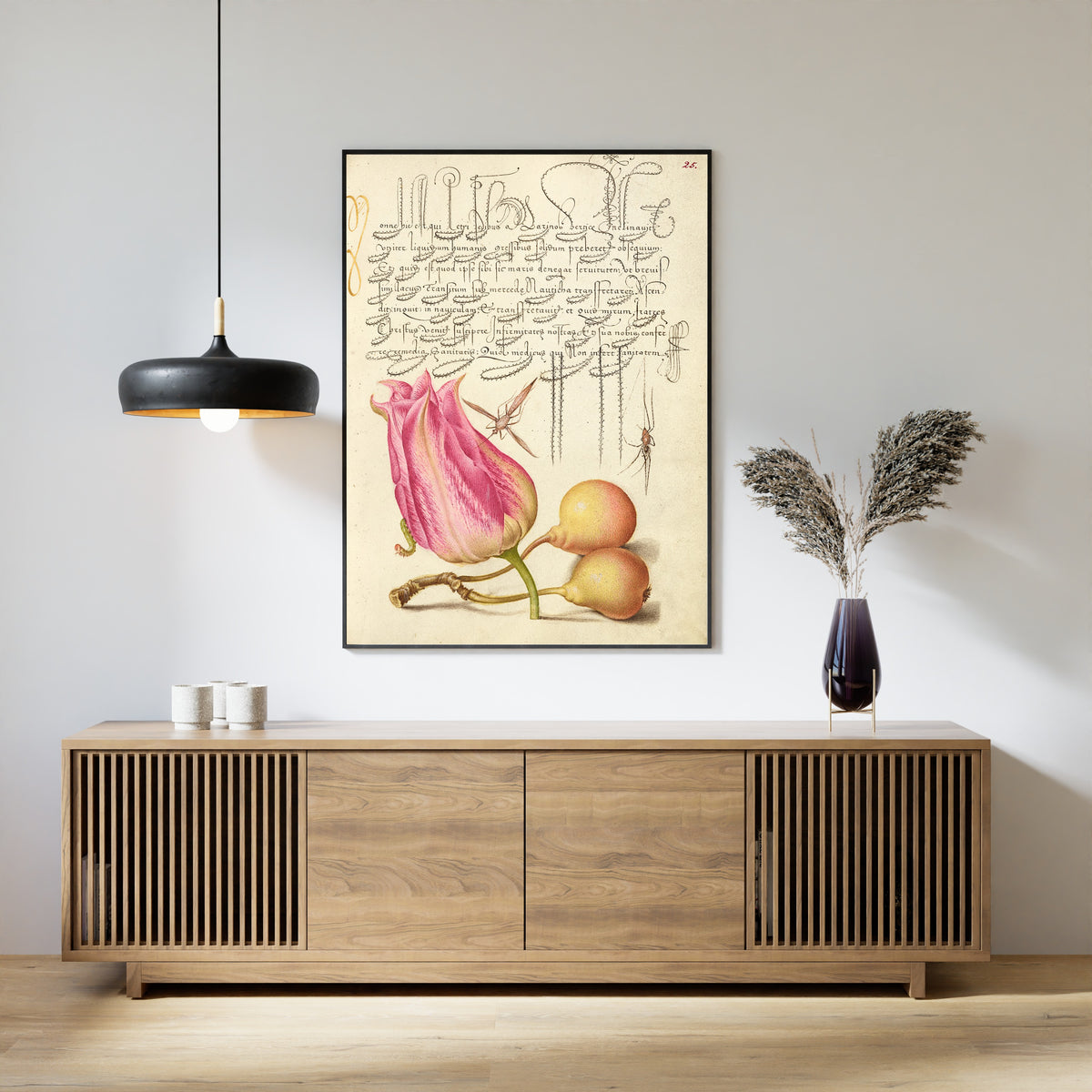 Joris Hoefnagel — Imaginary Insect, Tulip, Spider, and Common Pear | Botanical Calligraphy Print