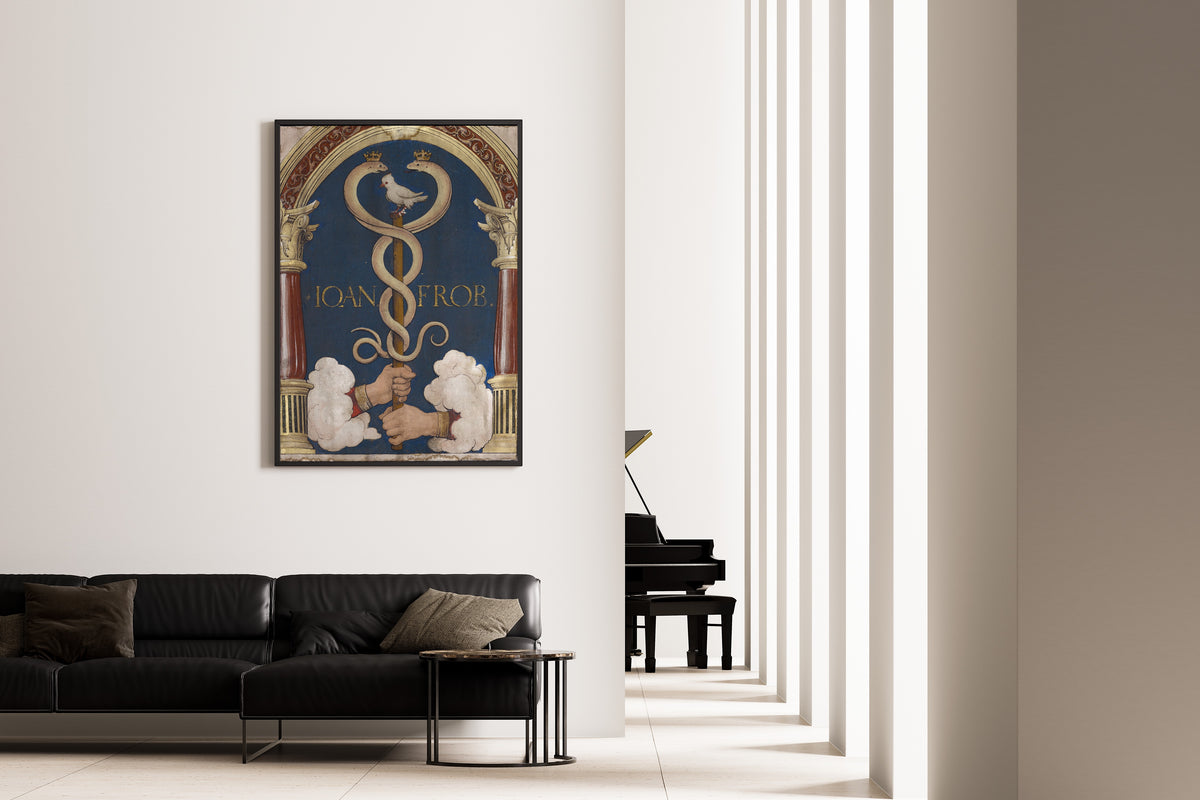 Framed art print of Impresa of the Basel Book Printer Johann Froben by Hans Holbein the Younger, on the wall of a minimal living room