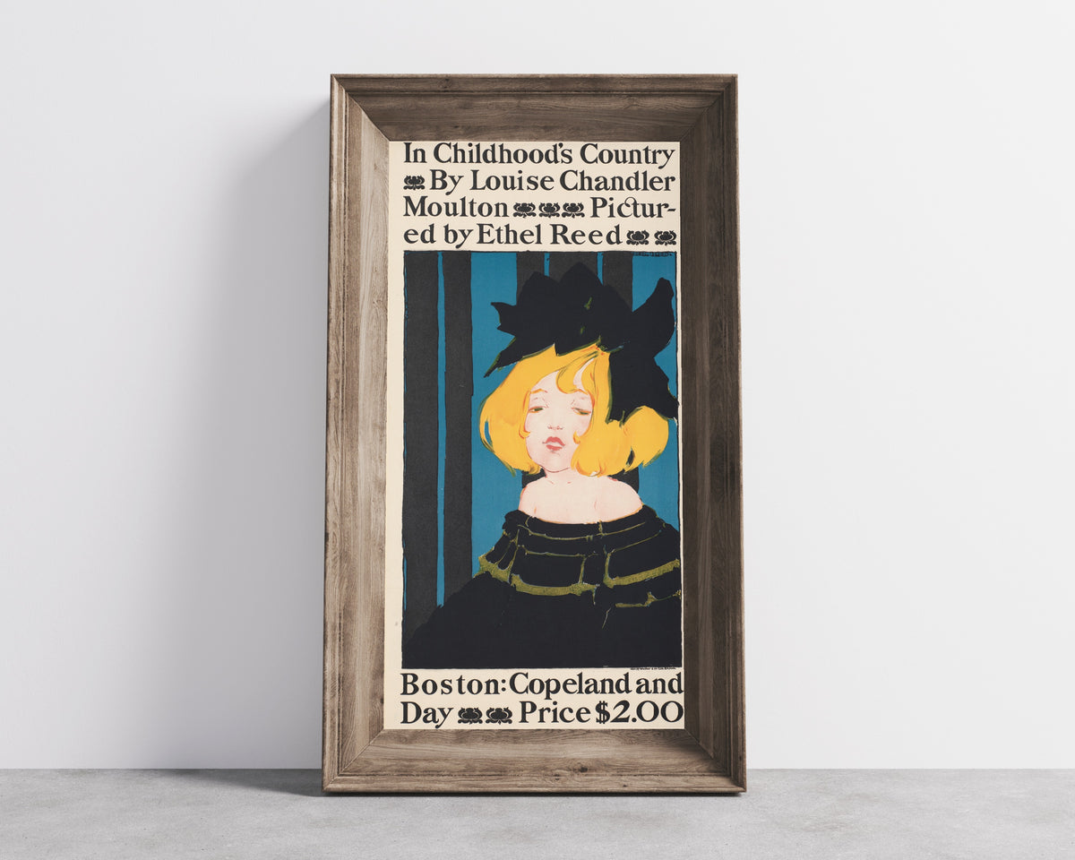 Framed art print of In Childhood's Country by Louise Chandler Moulton by Ethel Reed, in a wide wooden frame leaning against a concrete wall