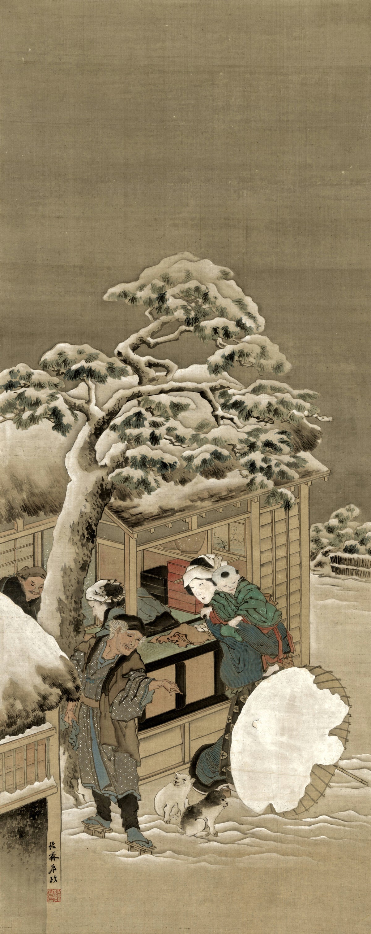 In Front of a Shop by Katsushika Hokusai — Villagers and two puppies before a shop under a snow-laden pine